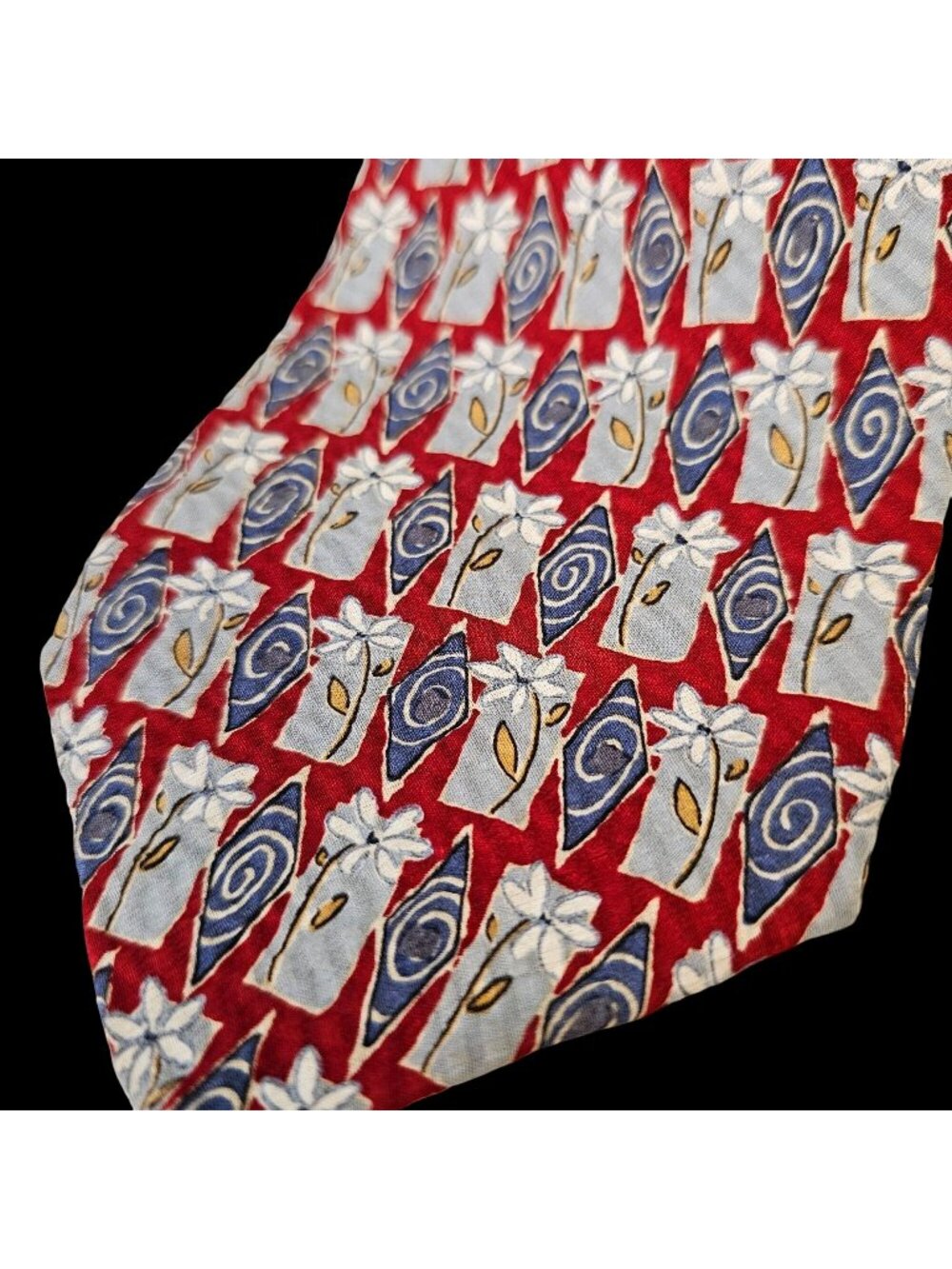 Vintage Structure 100% Silk Tie Red Blue White Daisy Floral Wide 3.75" USA